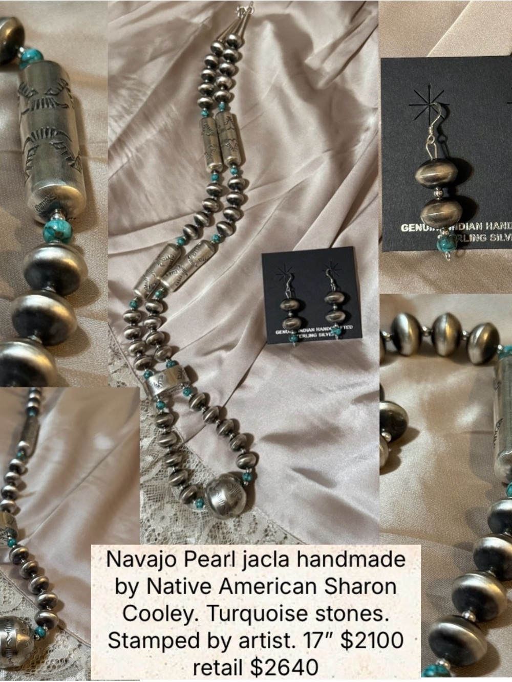 Navajo Pearl and Turquoise Necklace & Earring Set by Sharon Cooley